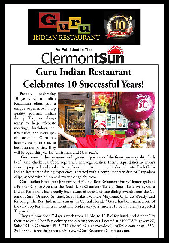 Guru Restaurant Celebrating Anniversary Clermont Sun